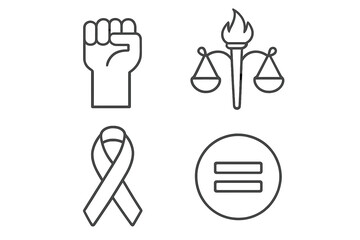 Social justice outline icon set. Human rights advocacy symbols. Raised fist for protest, scales of justice, torch, solidarity ribbon, and equality sign for activism.