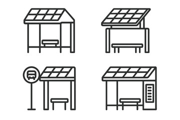 Solar bus stop icons. Outline icon set of solar-powered public transport shelters with panel roof. Sustainable smart city concept. Eco-friendly green energy vector.