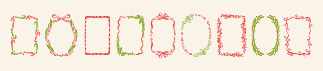 Christmas frame set, winter holiday border, New Year celebration decor print, hand drawn pine branch. Traditional festive postcard geometric garland design, wavy ribbon bow. Christmas frame party kit