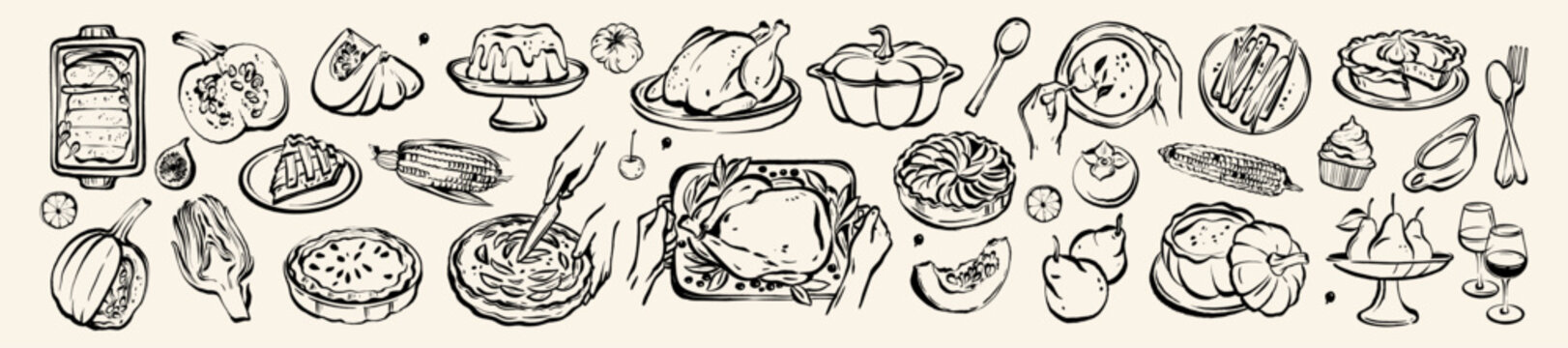 Autumn traditional food icon, thanksgiving day holiday table hand drawn doodle line illustration set. Harvest fall pumpkin, celebration turkey, dessert pie, November eatery design element. Autumn food