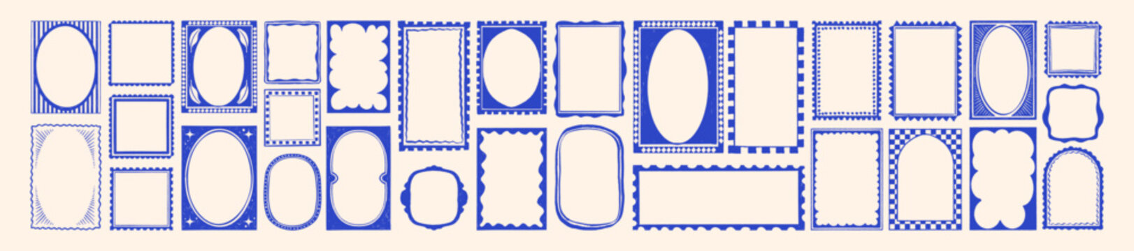 Doodle frame set, vector hand drawn stamp border, vintage abstract wavy post stamp simple design. Blue decorative rectangle label, empty banner shape collection. Coastal retro postmark doodle frame
