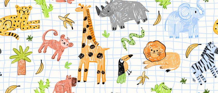 Animal kids seamless pattern, hand drawn childish doodle print, kindergarten naive scribble texture. Africa safari funny baby wallpaper, wax crayon wild cartoon fabric texture. Charcoal kids pattern