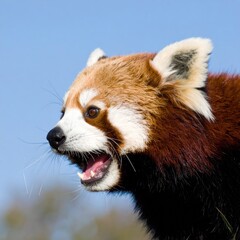 Red Panda in Profile: A charismatic red panda with fiery reddish-brown fur and expressive eyes, captured in a detailed profile against a clear blue sky, embodying the captivating allure of wildlife.