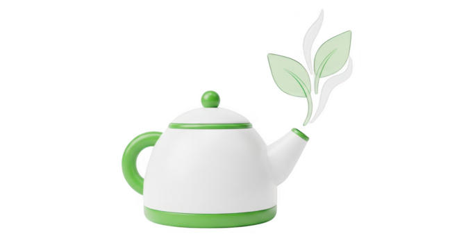 3d icon of a 3d rendering of a white teapot with green accents and steaming leaves, isolated on transparent background, representing a healthy and natural beverage - Powered by Adobe