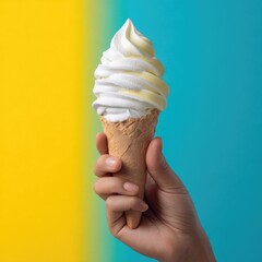 A hand holds a waffle cone filled with a creamy, white soft-serve ice cream against a yellow and teal background