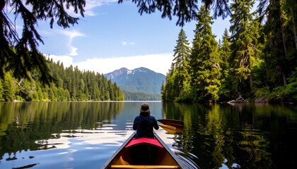 Serene lake canoeing, mountains in background