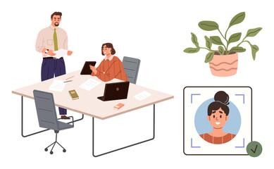 Colleagues working at a desk with laptops, papers, and a phone, complemented by a plant. Digital profile picture with approval mark. Ideal for teamwork, collaboration, office culture, modern work