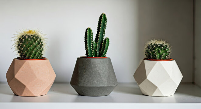 Three potted cacti plants displayed on shelf in pink gray and white faceted geometric modern pots