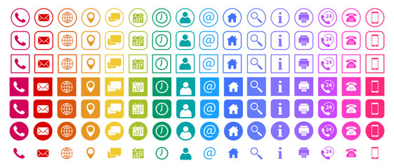 Set of contact icons. Phone, mail, location pin and website. Support, info, calendar and clock. Fax, printer. Schedule and working hours. Set of multicolored round and square icons.