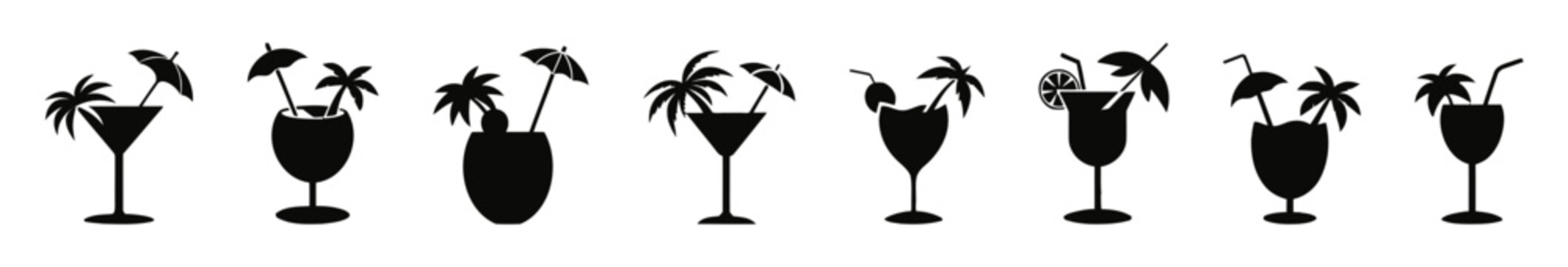 Silhouette tropical drinks with umbrellas and palm trees.