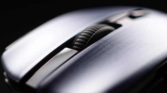 Close-up of modern computer mouse with silver metallic finish  