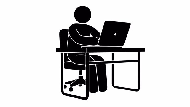 Stickman figure typing on a laptop while sitting at a desk in an office chair. Remote work, freelance jobs. Looped animation with alpha channel.
