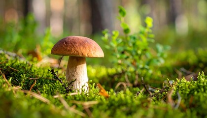 Edible mushroom nestled in forest moss.