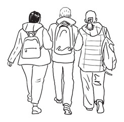Three casual modern townspeople with backpacks walking down street, rear view, realistic sketch, vector contour hand drawing, white background