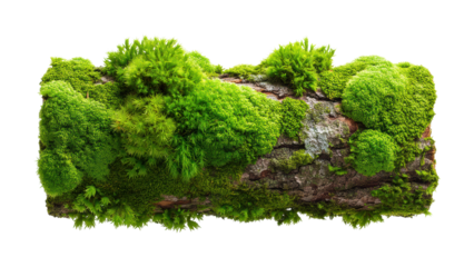 Lush green moss growing on a log nature scene view, isolated on transparent background, png