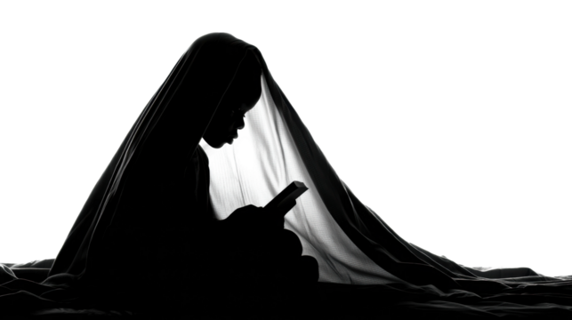 Child reading under a blanket home silhouette cozy, isolated on transparent background, png