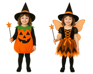 set of little girls in cute Halloween costumes. pumpkin costume on a transparent background. fairy costume on a transparent background. Halloween party
