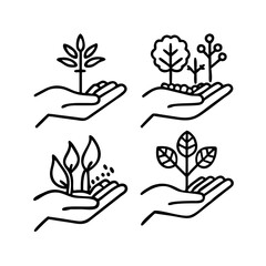 Ecology Organic Seedling Line and Silhouette Icon Set. Growth Eco Tree Environment. Plant in Human Hand Symbol Collection on White Background. Agriculture Concept. Isolated Vector Illustration See Les