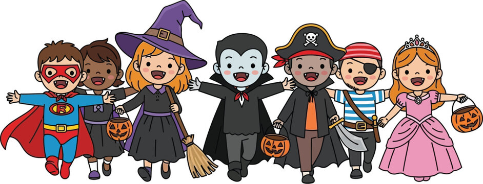 Happy kids in Halloween costumes trick or treating with pumpkin buckets