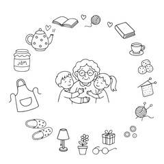 Banner Happy grandson and granddaughter hugging grandmother. Grandmothers Day card design. Vector illustration on white background. Vector 