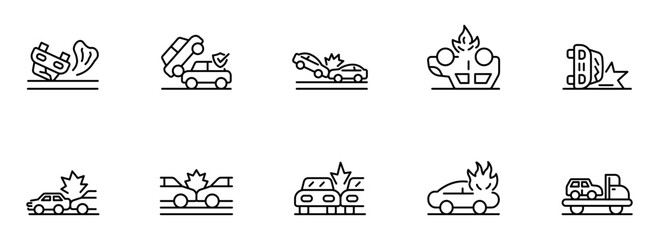 Collection of Line Art Car Accident Icons:  Collision, Fire, Rollover, and Tow Truck Illustrations for Insurance, Safety, and Emergency Services.