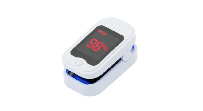 3d icon of portable digital pulse oximeter on finger measuring blood oxygen saturation level isolated on transparent background for health monitoring