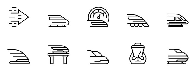 High-speed Rail Icons: Modern, Minimalist Line Art Graphics for Transportation, Travel, and Speed Concepts.