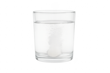 Effervescent tablet dissolving in a glass of water with transparent background