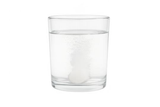 Effervescent tablet dissolving in a glass of water with transparent background