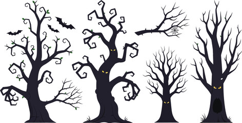 Creepy Halloween trees with bats and eerie faces for spooky designs