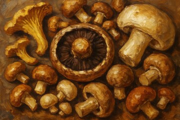 A variety of edible mushrooms including chanterelles and portobellos in rustic painting style on a warm brown background, concept of organic food