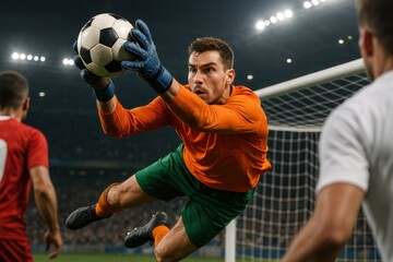 Soccer goalkeeper diving to make a save during night match, wearing bright green uniform and blue gloves. Concept of agility, focus, and decisive action in professional football.