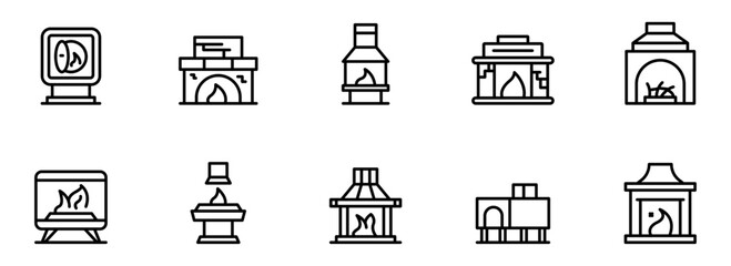 Collection of Modern Fireplace and Fire Pit Icons: Minimalist Line Art Graphics for Cozy Home and Outdoor Designs.