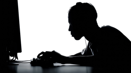 Gaming session home office digital dark environment focused view, isolated on transparent background, png