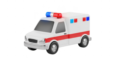3d icon of a 3d rendering of a white ambulance with red and blue lights, isolated on transparent background, perfect for medical or emergency services
