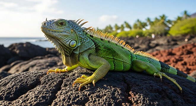 A majestic green iguana with a spiky orange crest and detailed scaly skin basking on a dark textured rock.