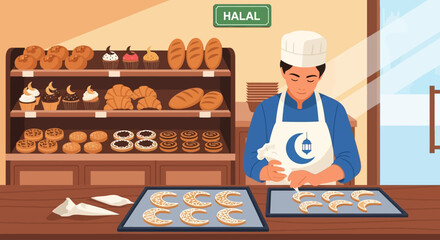 A baker in a halal bakery decorates crescent-shaped cookies with icing, surrounded by baked goods.