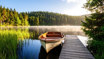 Serene sunrise over a misty lake, small wooden rowboat at a dock