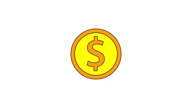 Cartoon style dollar coin spinning and falling from top to bottom of the screen on a transparent background. Spinning Cartoon Dollar Coin