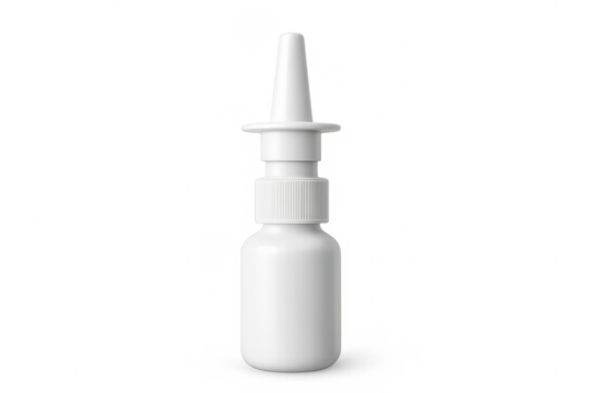 White nasal spray bottle on transparent background, medical treatment for congestion relief