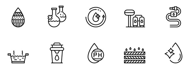 Water purification system icons:  Clean water technology,  pH balance,  filtration,  chemical analysis,  industrial process,  modern minimalist line art style,  for website or app design.