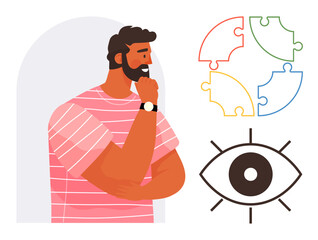 Man thinking deeply, colorful puzzle pieces symbolizing brainstorming, and an eye icon for vision. Ideal for problem-solving, analysis, innovation, creativity, strategy, focus decision-making