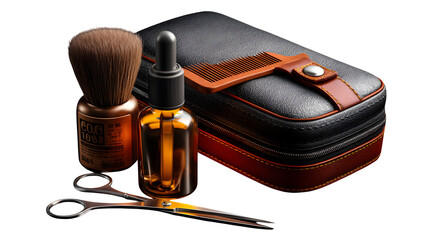 High quality, realistic photo of Beard grooming kit with brush oil scissors, isolated on transparent background, product photography style