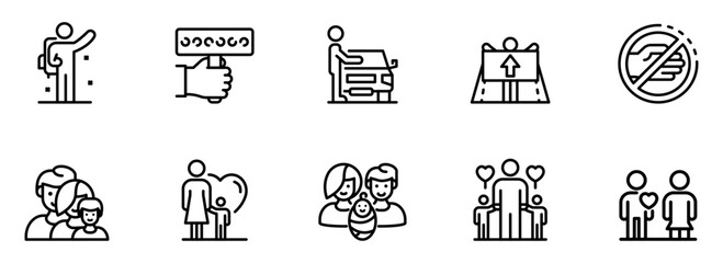 Simple Line Icons: Family, Travel, Transportation, and Social Distancing Symbols;  Modern, Minimalist Design; Positive and Informative Mood.