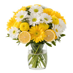 Sunny Citrus Bouquet, A bright and cheerful arrangement of yellow daisies, white daisies, and sliced lemons in a transparent glass vase filled with water, on transparent background