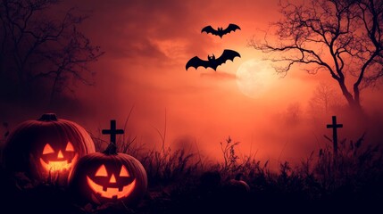 Halloween Pumpkins in Graveyard at Night