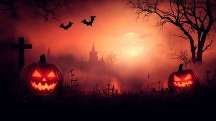 Halloween Pumpkins in Graveyard at Night