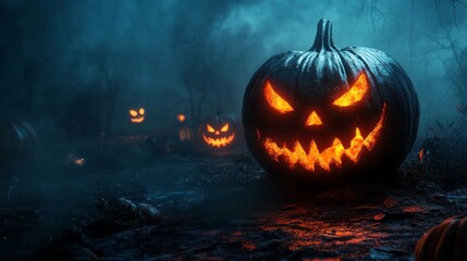 Glowing Jack-o’-Lantern in Foggy Forest for Halloween Night