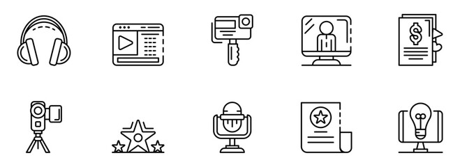 Content creation icons:  Modern line art style depicting video production, podcasting, online marketing, and monetization strategies for a successful digital business.