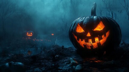 Glowing Jack-o’-Lantern in Foggy Forest for Halloween Night